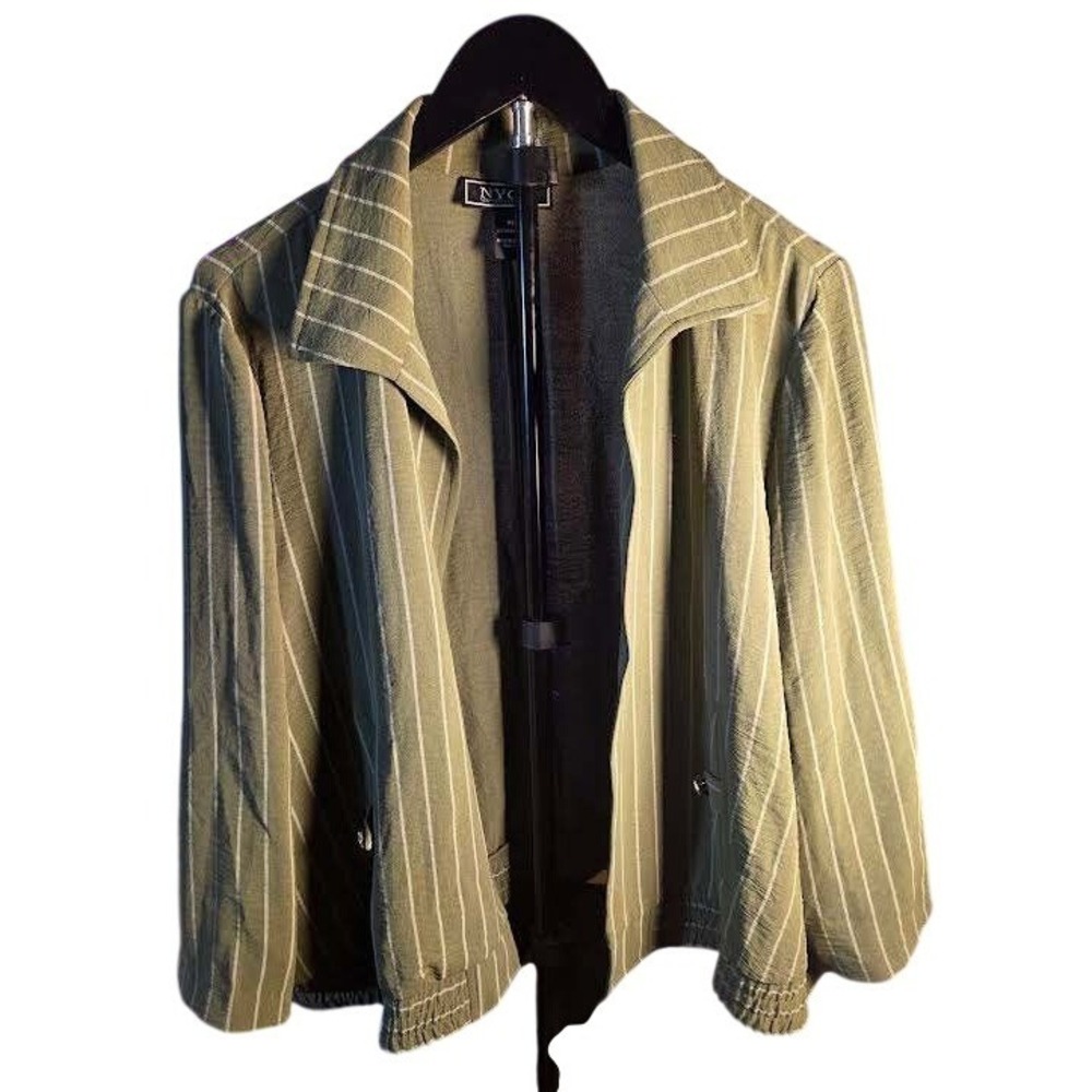 NYCC New York Clothing Co Olive Green Pinstripe‎ Open Front Jacket XL Womens